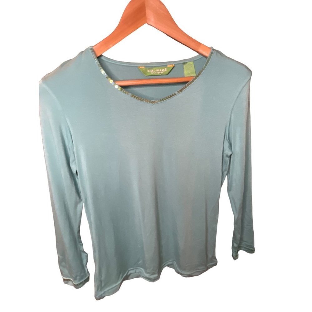 C.A. Sport Blue Sequined Neck 3/4 Sleeve Pullover Fitted Top Sz S